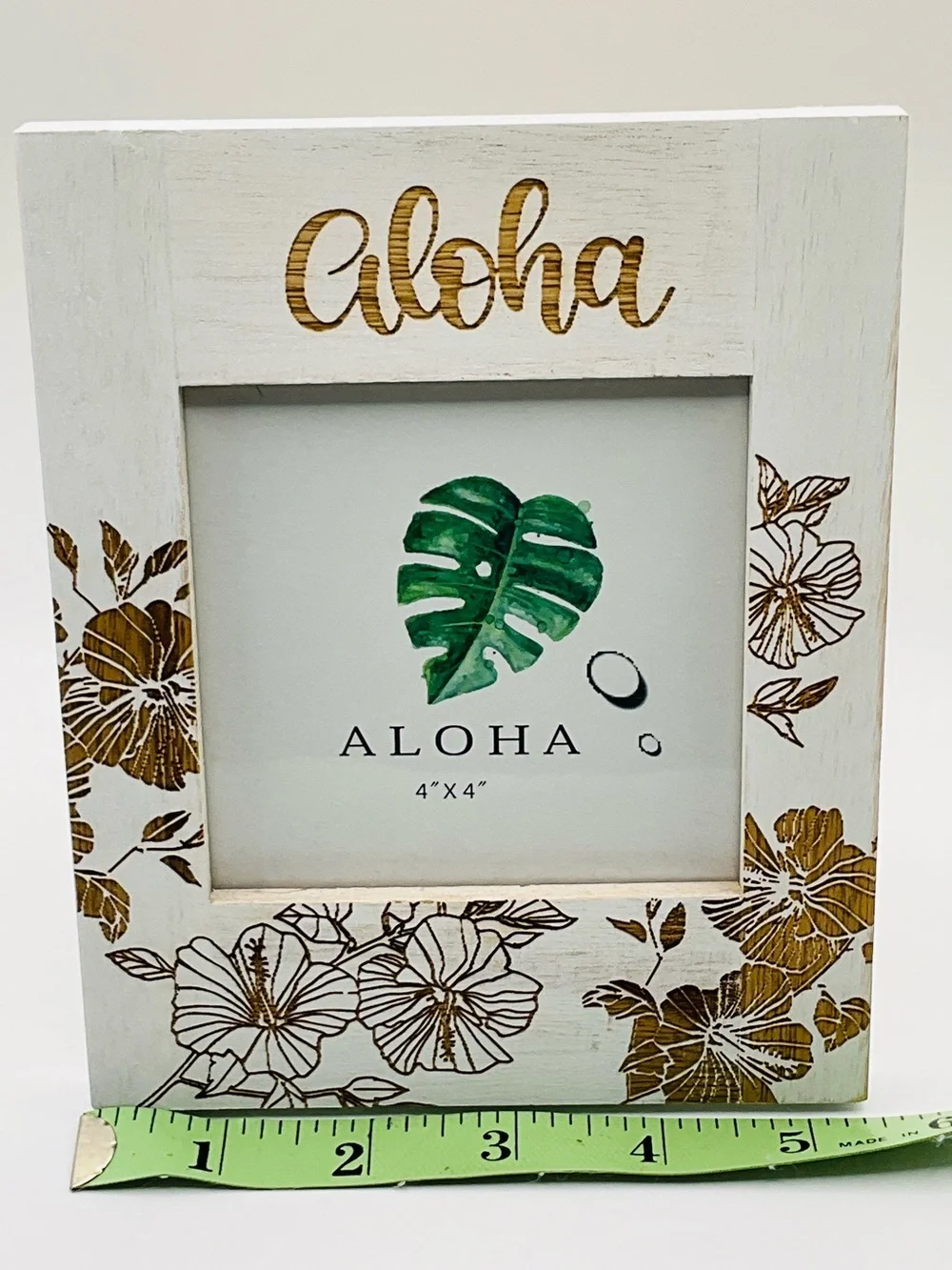 NEW Aloha Hawaiian Tropical White Floral Hibiscus Etched Wood Picture Frame